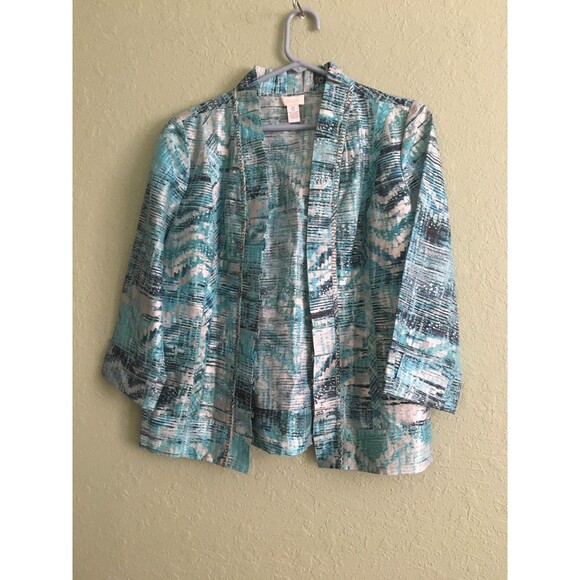 CHICO"S 0 XS-S LINEN BLEND SILVER BLUE RUFFLE BEADED OPEN COLLAR JACKET NWOT - Picture 1 of 4